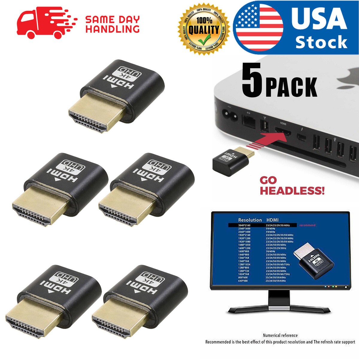 5PCS HDMI dummy plug Display Emulator Headless Ghost 1920x1080 4K Mining  Server