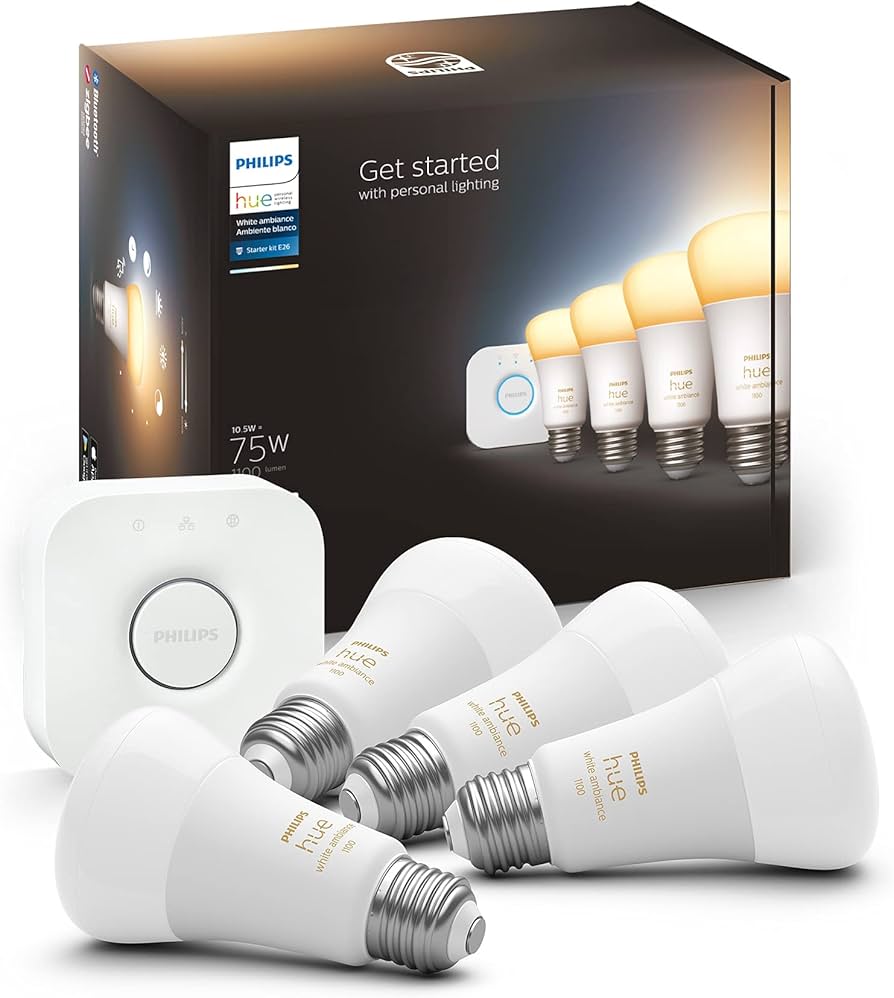 Amazon.com: Philips Hue Smart Light Starter Kit - Includes (1) Bridge and  (4) 75W A19 E26 LED Smart White Ambiance Bulbs - Control with App -  Compatible with Alexa, Google Assistant, and