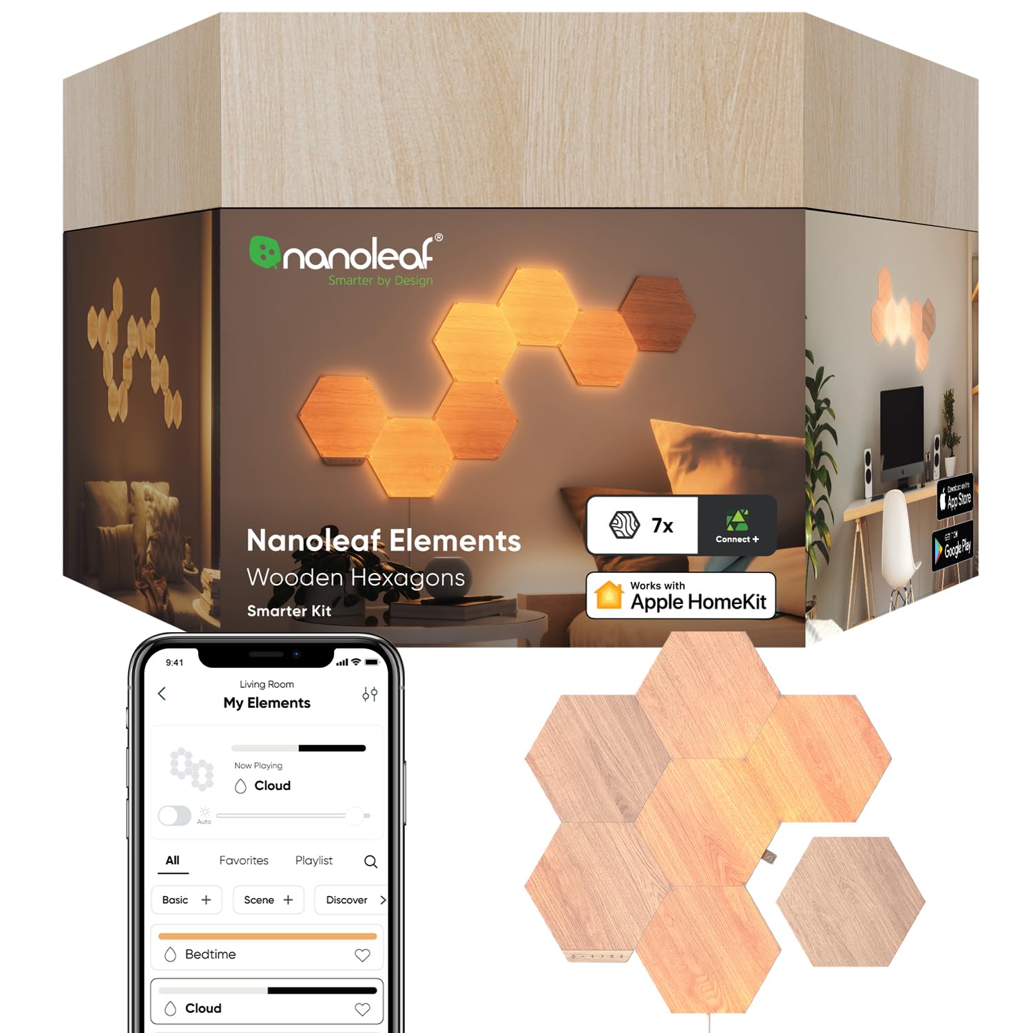 nanoleaf NL527005HB7P Elements Wood Look Smarter Kit (7 ...