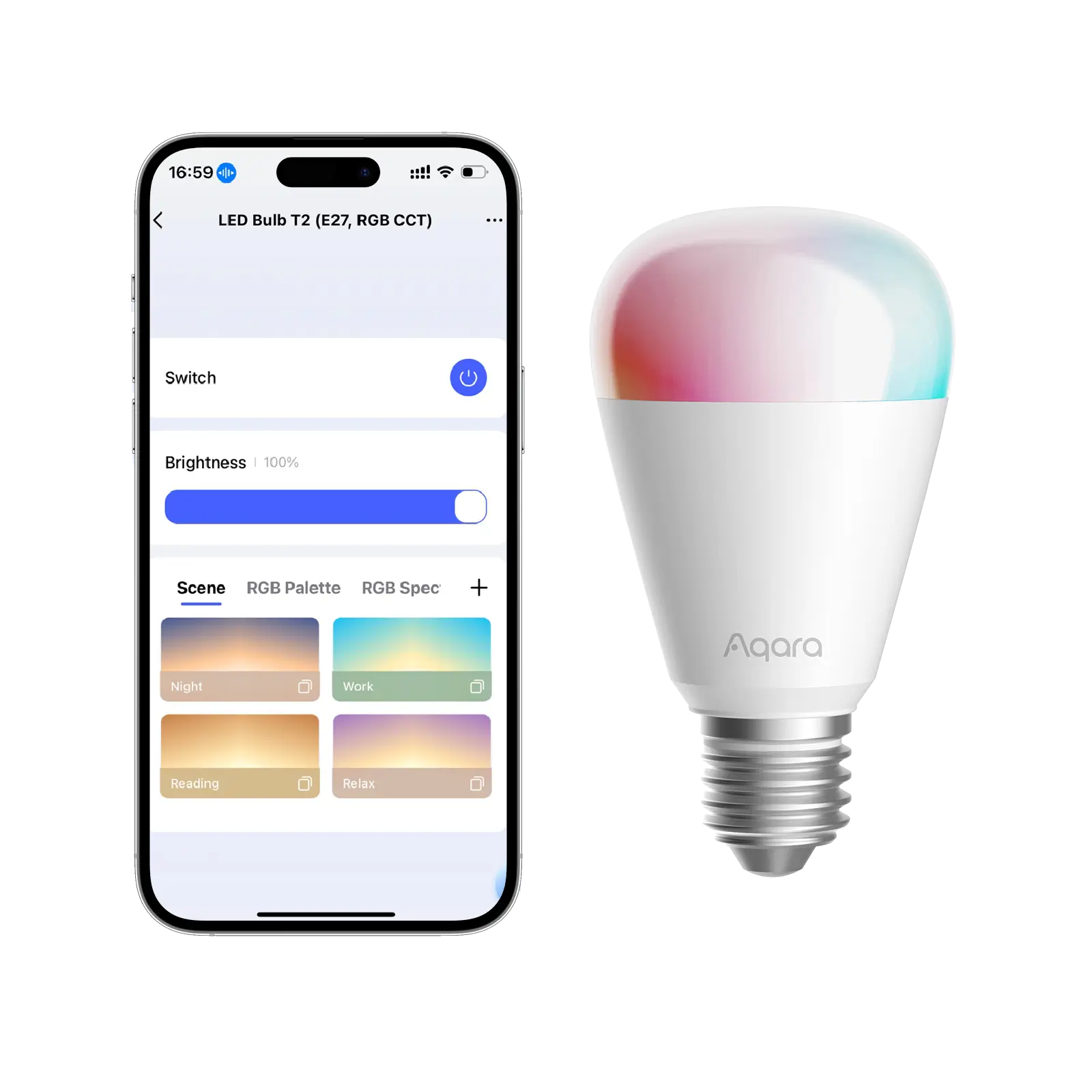 Aqara Thread/Zigbee Smart LED Light Bulb T2 E26, Tunable White (2000K-9000K), RGB Color Changing Light Bulb With 16 Million Colo
