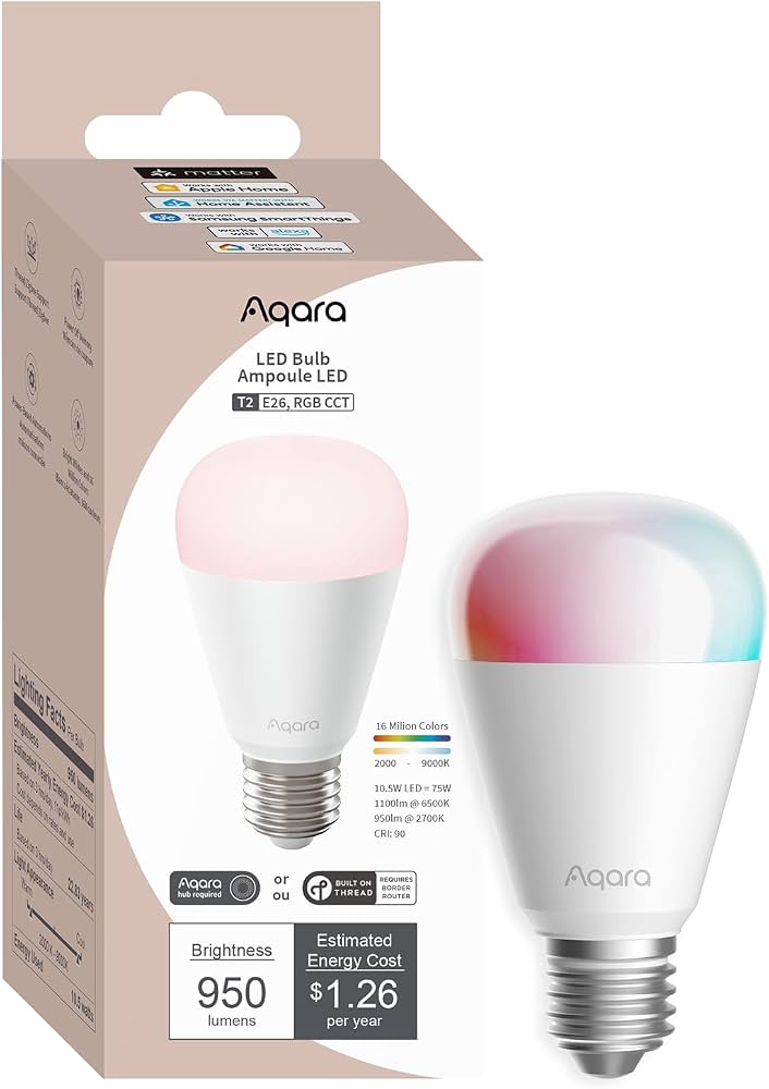 Aqara Thread/Zigbee Smart LED Light Bulb T2 E26, Tunable White  (2000K-9000K), RGB Color Changing Light Bulb with 16 Million Colors, 75W  Equivalent, Matter, Works with HomeKit, Alexa, Google - Amazon.com