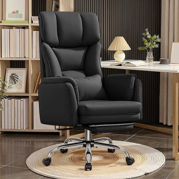 KERDOM High Back PU Leather Ergonomic Cushioned Office Chair in Black with Wheels and Armrests, Lumbar Support