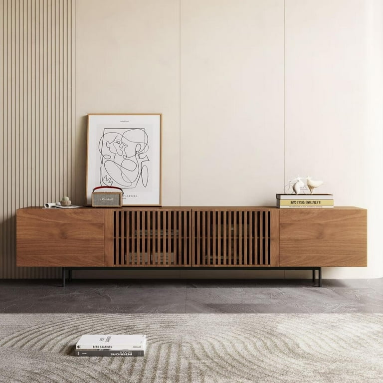 Mid-Century Modern TV Stand with 4 Doors Storage Cabinets, Fits TVs Up to  100 Inches, Living Room Entertainment Center 94.48"D x15.75"W x 21.65"H