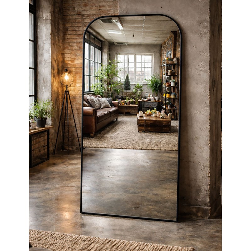 Industrial Large Black Metal Slim Frame Curved Top Rectangle Arched Wall  Mirror 170cm | Picture Perfect Home